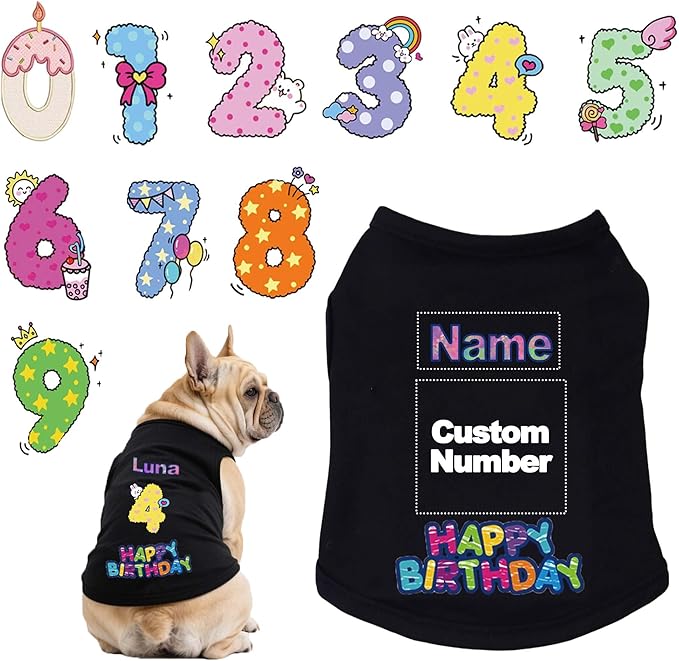Custom Dog Birthday Shirt,Personalized Pet Apparel Print with Name Age Number,Pet Birthday Outfit,Lightweight Breathable Cotton Vest for Small Medium Large Dogs Cat (Black, Small)