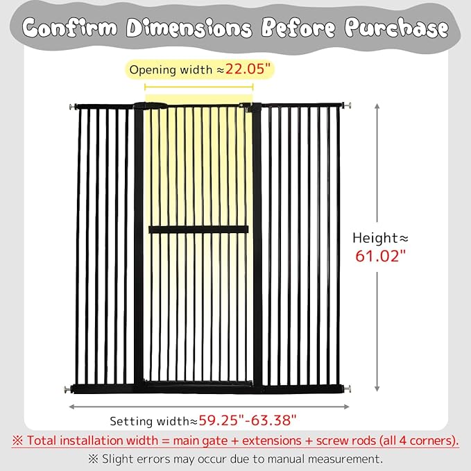 Lumizone Extra Tall Cat Gate 61.02" High Pressure Mounted Extra Wide 59.25"-63.38" (17Sizes) 1.37" Gap No Drilling Auto-Close Tall Pet Gate for Dogs (Black, 59.25"-63.38" W)