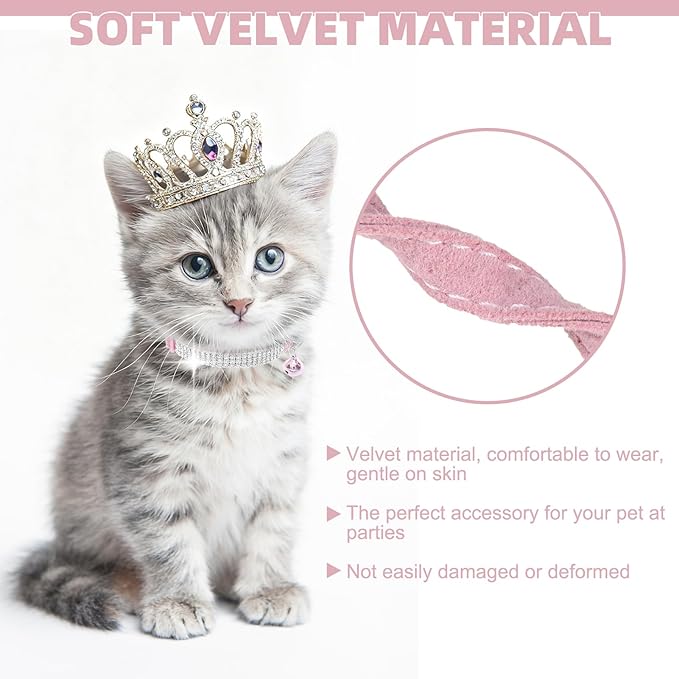 EXPAWLORER Soft Velvet Safe Cat Collars for Girl Cats - Rhinestones Adjustable Collars Breakaway- Chirstmas Cat Clollar Gifts with Bells for Boy Cats Kitty and Small Dogs(XS,Pink)