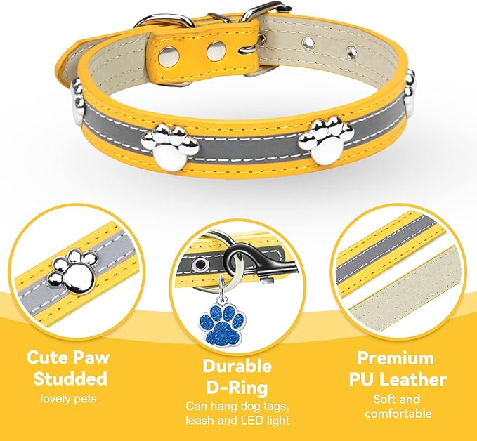PETCARE Reflective Dog Collar with Cute Paw Rivet Studded Funny Soft PU Leather Adjustable Puppy Dog Collars for Small Medium Large Dogs Cats (Yellow,X-Large)