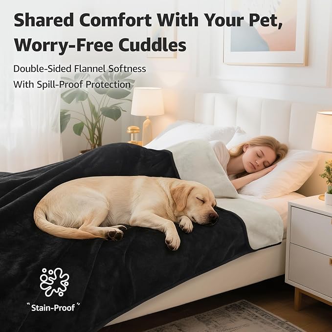 LOOBANI Waterproof Dog Blanket for Couch: Reversible Flannel Bed Blanket for Medium Large Dogs Liquid Proof, Soft Throw Blanket Couch Cover Protector for Sofa, Crate, Travel, 50" x 60", Black & Beige