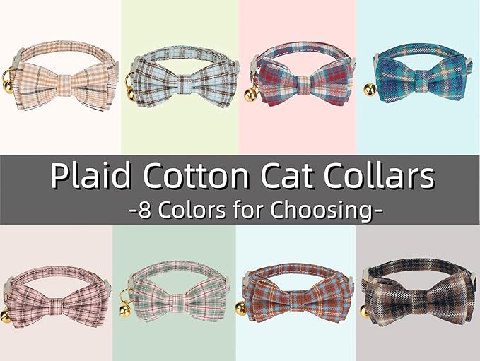 2 Pack Soft Cotton Cat Collars with Bowtie and Bell Breakaway Plaid Cat Kitten Collar(Red and Green)