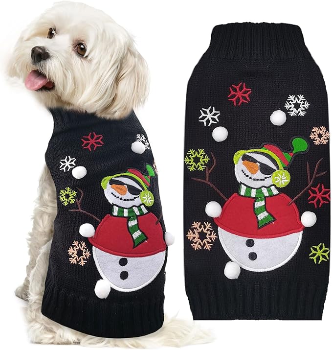Christmas Dog Sweaters Xmas Pet Outfit Clothes Cute Black Snowman Costume Puppy Cat Knitted Jumpers (S,Black Snowman)
