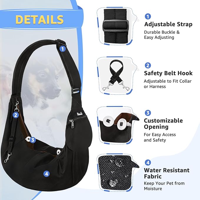 SlowTon Dog Carrier Sling - Thick Padded Shoulder Strap Adjustable Dog Carriers for Small Dogs, Puppy Carrier Purse for Pet Cat with Front Zipper Pocket Safety Belt Machine Washable (Black M)