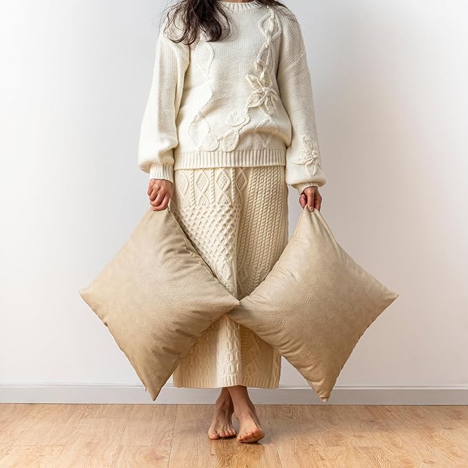 Oversized Neutral Decorative Leather Pillow Cover Pack of 2, Beige Thickened Farmhouse Abrasion Floor Cushion Cover, for Home Decor Outdoor Lounge Office Cafe Throw Pillow Covers 24x24 inch