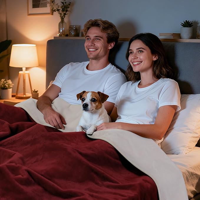 LOOBANI Waterproof Blanket for Bed: Reversible Soft Flannel Queen Bed Blanket 80" x 90", Waterproof Dog Blankets for Large Dogs, Spill-Proof Cover for Furniture Protection, Movie Time, Red