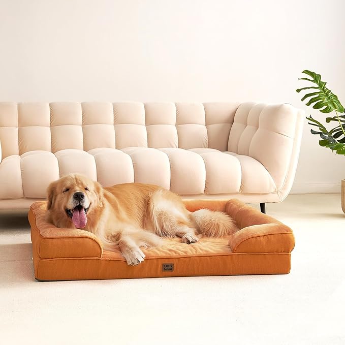 EHEYCIGA Orthopedic Dog Beds for Extra Large Dogs, Waterproof Memory Foam XXL Dog Bed with Sides, Non-Slip Bottom and Egg-Crate Foam Big Pet Couch Bed with Washable Removable Cover,Pumpkin Orange
