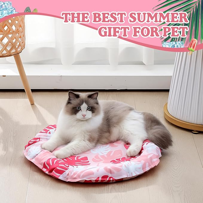 Pet Cooling Mat for Cats and Small Dogs, 20.1'' x 20.1'' Thickened Round Pink Pad Anti-Grab Internal Gel Without Water Filling, Lightweight, Washable, Playmat for Indoor/Outdoor