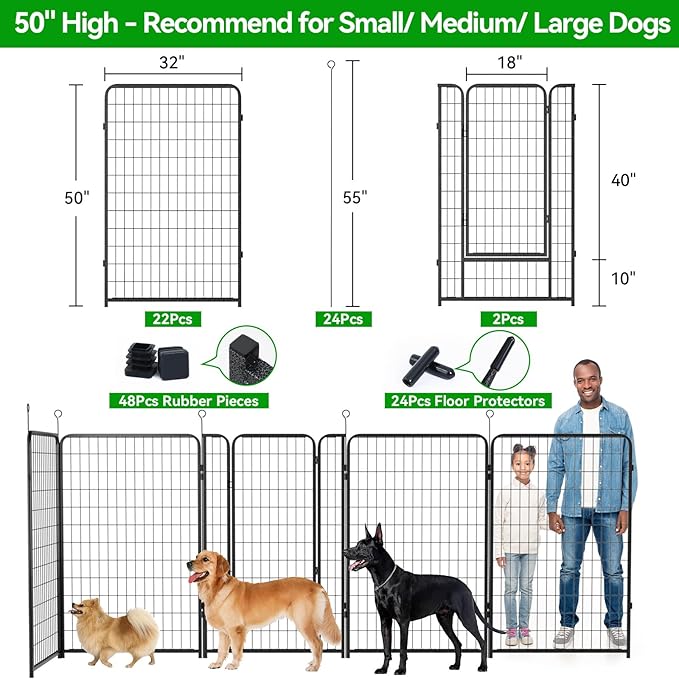 Dog Playpen Outdoor Extra Wide 24 Piece Panels Heavy Duty Dog Fence 50" Height Anti-Rust with Doors Portable for RV Camping Yard, Total 63FT, 316 Sq.ft, Snowy Black