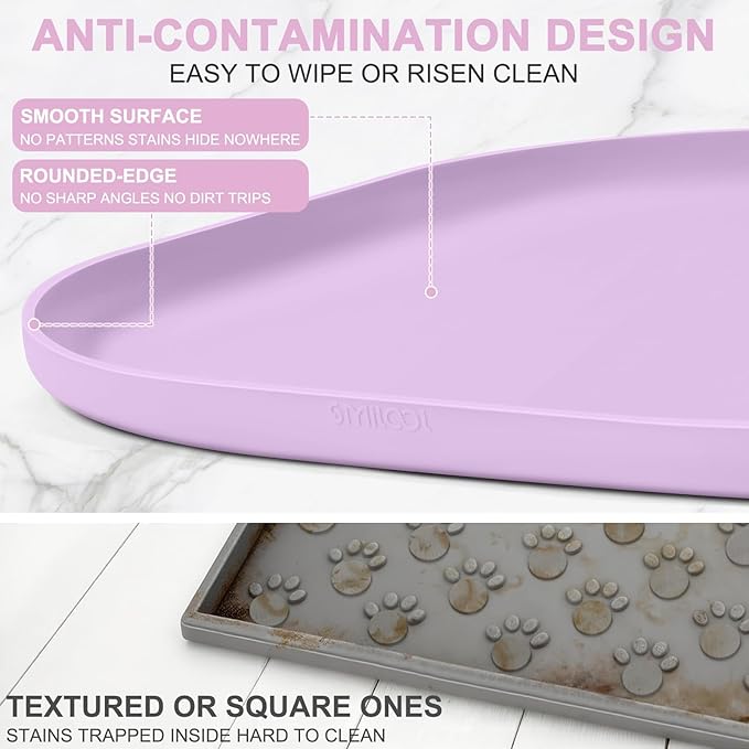 Silicone Pet Food Mat with Raised Edge for Food and Water Bowl, Dog Feeding Mats, Cat Food Trays for Floor Waterproof, Rubber Tray for Dogs and Cats, 24 x 16 x 0.8 Lavender
