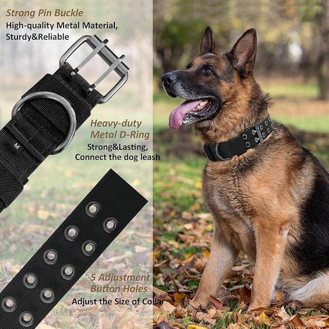 Tactical Dog Collar Military Adjustable Dog Collars Soft Nylon Training Collar with Patch Heavy Duty Metal Buckle Collars for Medium Large Dogs (Blue, M)