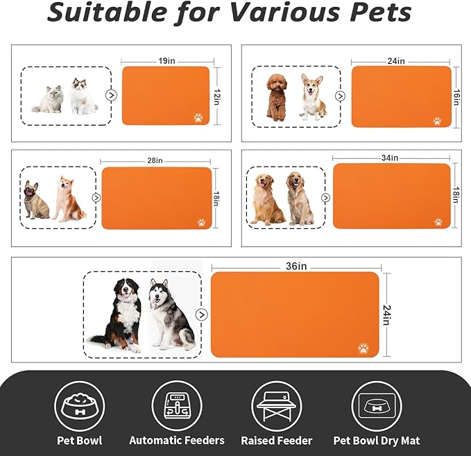 Dog Food Mat - Absorbent Cat Mat for Food and Water, No Stains Pet Feeding Bowl Mat, Easy to Clean Pet Placemats, Quick Dry Dog Water Dispenser Mat for Messy Drinkers | Paw Orange 18"x34"