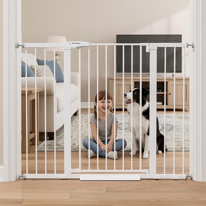 Mumeasy 36" Extra Tall Baby Gate for Stairs, 29.7-51" Wide Dog Gates Indoor for Doorways with Easy Walk Thru, Auto Close Pet Safety Gate for House, Pressure Mounted Metal Child Gate with Door, White