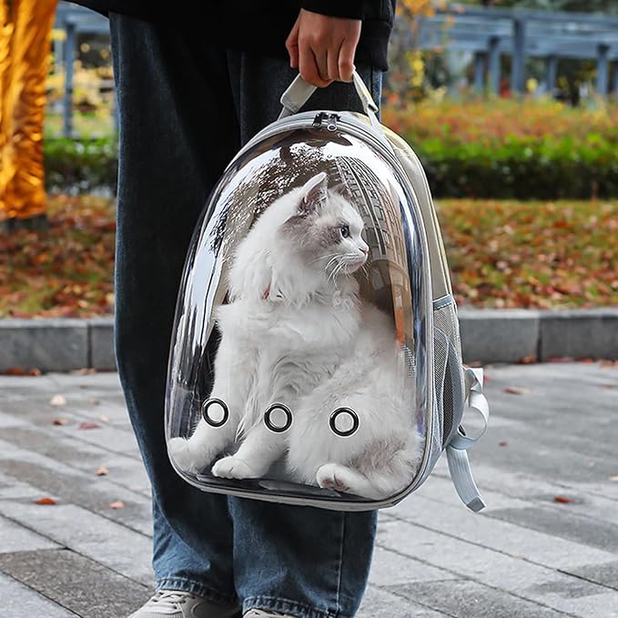 Cat Backpack Carrier, Back Expandable Pet Backpack with Bubble Window, Airline Approved Pet Travel Bag for Small/Medium Cats & Puppies, Hiking, Camping, Outdoor Use (Grey)