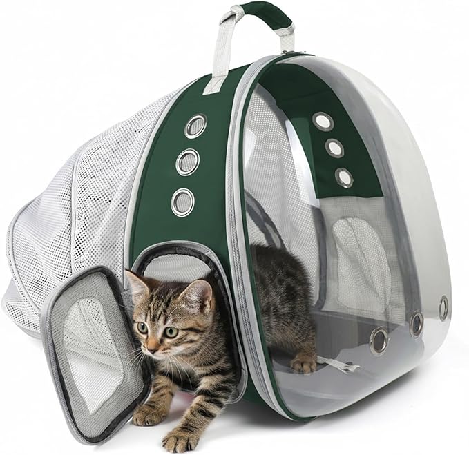 Cat Backpack Carrier, Back Expandable Pet Backpack with Bubble Window, Airline Approved Pet Travel Bag for Small/Medium Cats & Puppies, Hiking, Camping, Outdoor Use (Green)