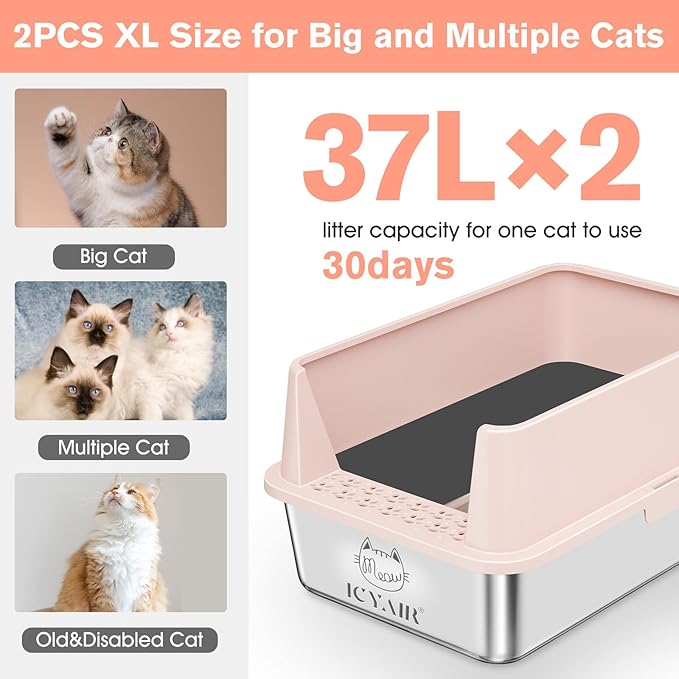 2PACK Stainless Steel Cat Litter Box with High Sides Lid, XL Litter Box for Big Multiple Cats, Extra Large Metal Kitty Litter Boxes with Anti-Leakage Enclosure, Non-Stick,Odorless,Scoop Included