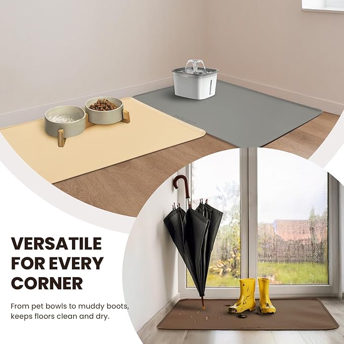VIVAGLORY Dog Food Mat Flexmat Dog Bowl Mat, Placemat Food Tray with Raised Edges & Lip for Indoor Floor, Non Slip Waterproof Silicone Dish Placemat for Cat & Pet, S, Ivory