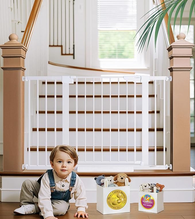 Cumbor 29.7-48" Baby Gate for Stairs, Mom's Choice Awards Winner-Dog Gates for Doorways, Auto Close Safety Pet Gate for Dogs Indoor, Easy Install Pressure Mounted Child Gate with Walk Thru Door, White