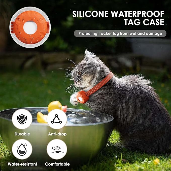 GPS Tracker for Cats, Cat GPS Tracker, Compatible with Apple Find My App (Only iOS), No Monthly Fee, Waterproof (White Tracker, Orange Cat Collar)