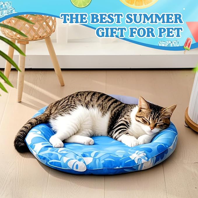 Pet Cooling Mat for Cats and Small Dogs, 20.1'' x 20.1'' Thickened Round Blue Pad Anti-Grab Internal Gel Without Water Filling, Lightweight, Washable, Playmat for Indoor/Outdoor