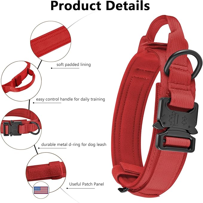 DAGANXI Tactical Dog Collar, Adjustable Military Training Nylon Dog Collar with Control Handle and Heavy Metal Buckle for Medium and Large Dogs, with Patches and Airtags Case (Red, XL)
