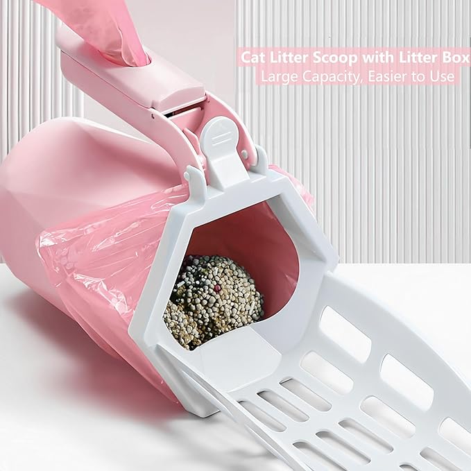 Cat Litter Scoop, Cat Litter Scooper with Holder and 150 Cat Poop Bags for Litter Box: Removable Litter Sifter Shovel and Large Capacity Trash Can, Portable Kitty Poop Scooper Built in Bags (Pink)