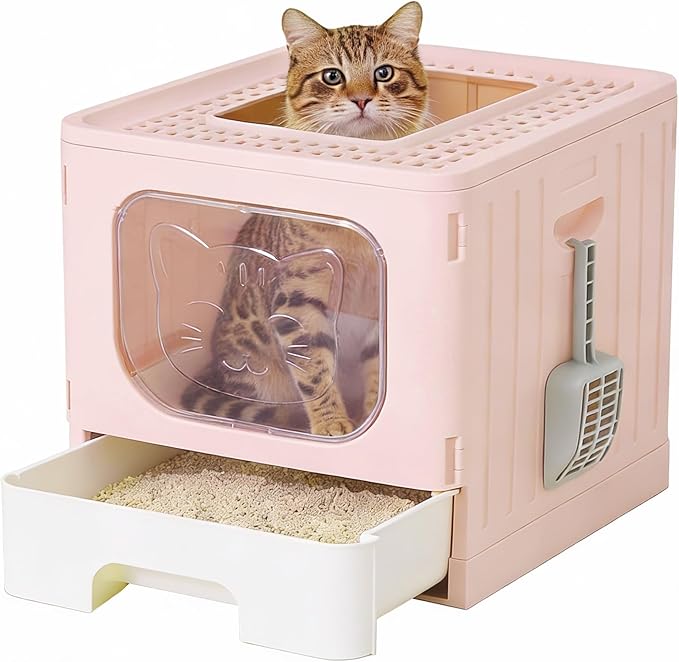 OLIXIS Cat Litter Box with Lid, Large Foldable Cat Box with Litter Scoop, Front Entry Top Exit Kitty Litter Box with Door, Easy Cleaning Drawer Design Odor Control, Pink