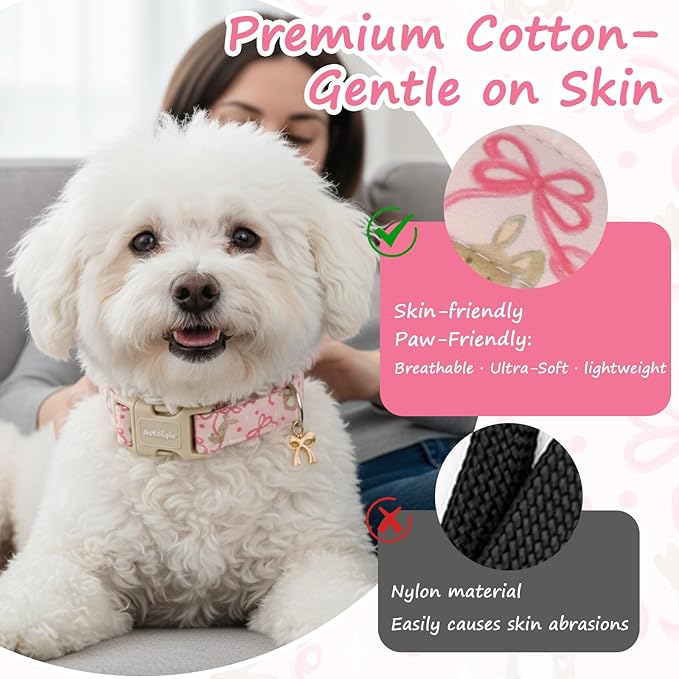 Easter Dog Collar, Spring Pink Dog Collar with Pink Bow & Rabbit, Adjustable Cotton Puppy Collars Girl Boy Collar for Small Medium Large Dogs -XS