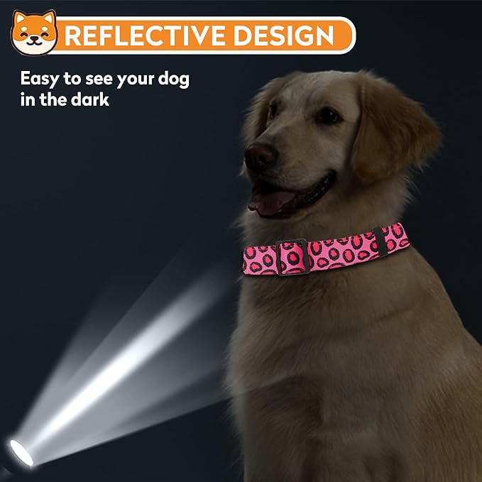 Reflective Dog Collar, Adjustable Soft Neoprene Padded Nylon Pet Collars with Buckle for Puppy and Small Dogs, Cats, Leopard Pink,XL