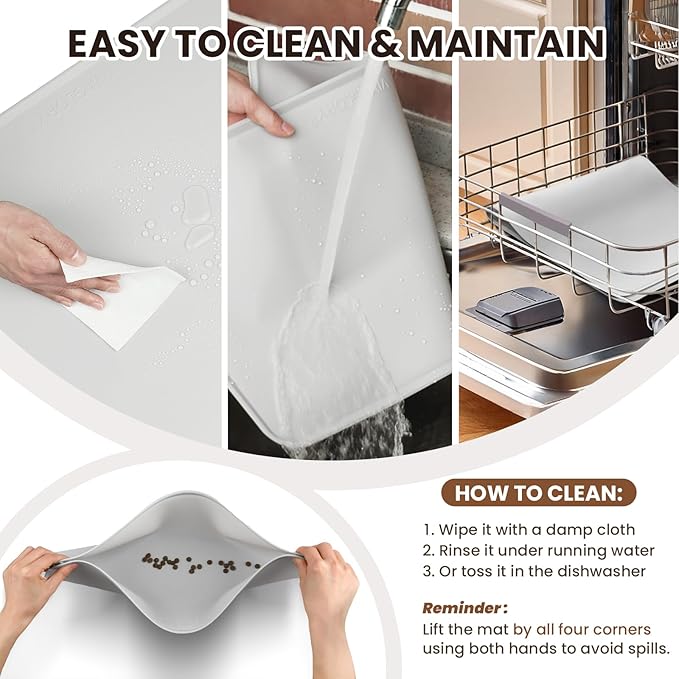 VIVAGLORY Dog Food Mat Flexmat Dog Bowl Mat, Placemat Food Tray with Raised Edges & Lip for Indoor Floor, Non Slip Waterproof Silicone Dish Placemat for Cat & Pet, L, Grey