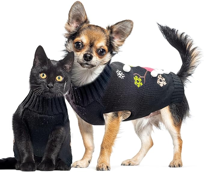 Christmas Dog Sweaters Xmas Pet Outfit Clothes Cute Black Snowman Costume Puppy Cat Knitted Jumpers (M,Black Snowman)