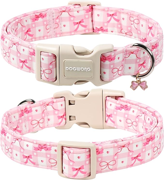 DOGWONG Pink Plaid Dog Collar-Cute Pink Bowtie Print Dog Collar, Adjustable Cotton Girl Female Pet Collar with Quick Release Buckle,S