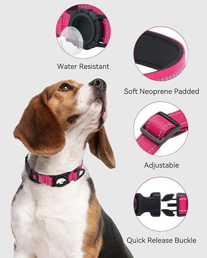 Joytale Airtag Dog Collar, Reflective Pet Collar with Waterproof AirTag Holder, Dual D-Rings, Soft Padded Adjustable for Large Dogs, Hotpink, L