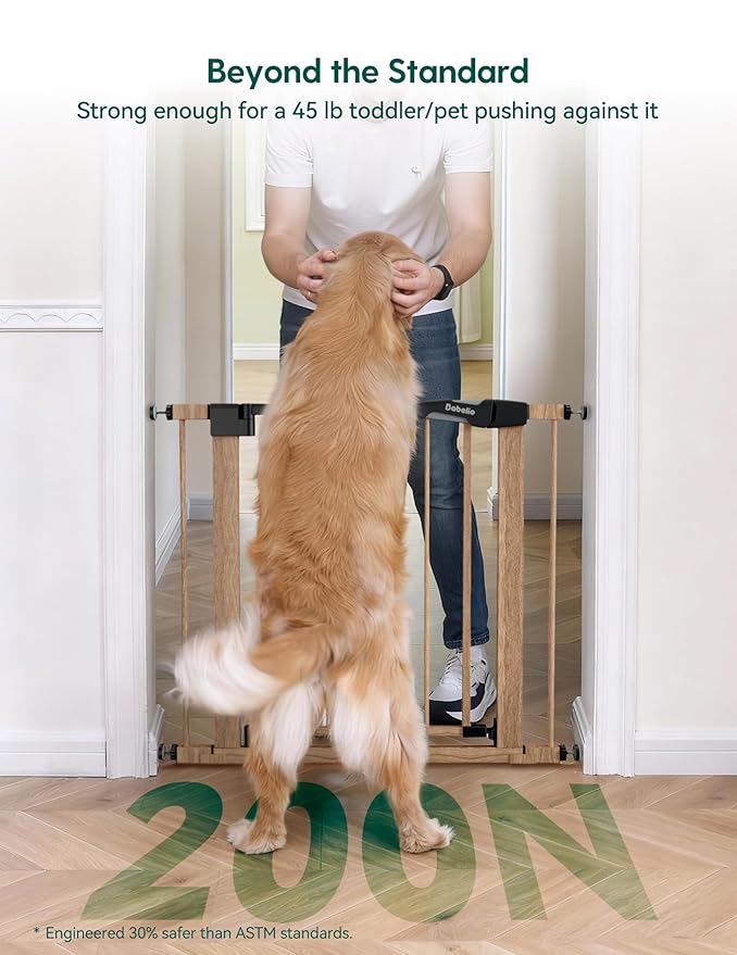 Babelio 29-48" Metal Baby Gate with Brown Wood Pattern, Auto Close Dog Gate PressGuard P7 for The House, Stairs and Doorways, Pressure Mounted Pet Gate with Door, Safety Gate for Child and Pets