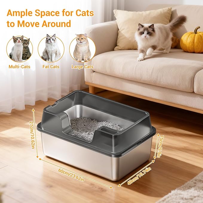 Stainless Steel Litter Box, XL Enclosed Cat Litter Boxes with Lid for Big Cats and Multi-Cats, High Sided, Anti-Urine Leakage Non-Stick Bottom Include Scoop Easy to Clean