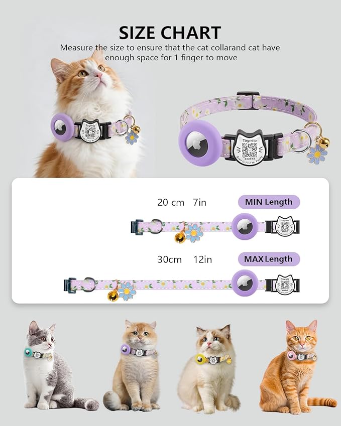Breakaway Cat Collar with QR Code ID & AirTag Holder, Adjustable Cotton Kitten Collar with Bell, Cute Floral Safety Collar for Indoor & Outdoor Cats Pastoral Style with airtag Holder(Yellow)