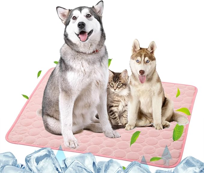 SOMOYA Dog Self Cooling Mat, Pet Washable Cooling Pad Blanket, Ice Silk Sleep Kennel Bed, Non-Toxic Breathable for Large Dogs Cats, Beach (Pink, 27.5x39.4 in)