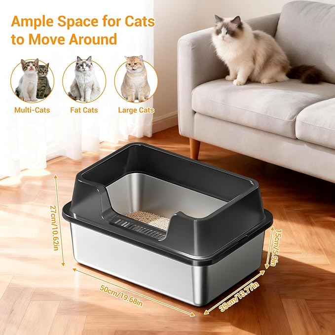 Stainless Steel Litter Box, XL Enclosed Cat Litter Boxes with Lid for Big Cats and Multi-Cats, High Sided, Anti-Urine Leakage Non-Stick Bottom Include Scoop Easy to Clean
