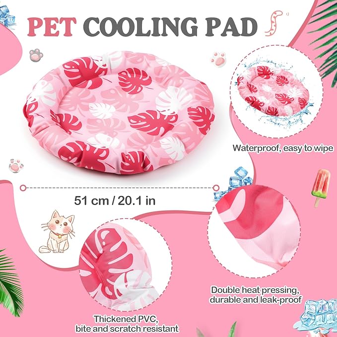 Pet Cooling Mat for Cats and Small Dogs, 20.1'' x 20.1'' Thickened Round Pink Pad Anti-Grab Internal Gel Without Water Filling, Lightweight, Washable, Playmat for Indoor/Outdoor