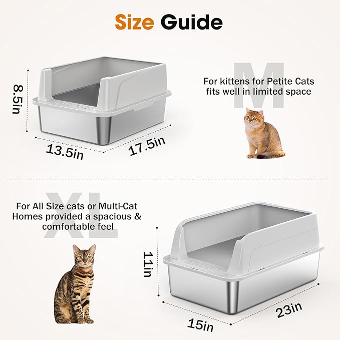 2PACK Stainless Steel Cat Litter Box with Lid, High-Sided Metal Litter Pan for Small Cats, Kitty Litter Box, Non-Stick & Odor-Resistant, Anti-Urine Leakage, Easy to Clean, Scoop Included