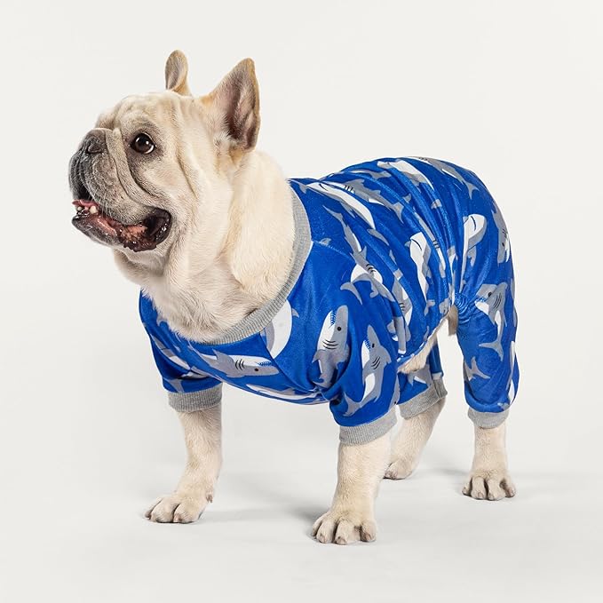 Fitwarm Shark Dog Pajamas, Dog Clothes for Small Dogs Girl Boy, Pet Onesie with Feet, Cat Outfit, Lightweight Velvet, Royal Blue, Small