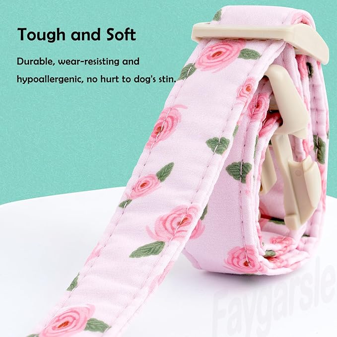 Faygarsle Pink Floral Dog Collar with Roses Pattern, Spring Summer Design for Small Medium Large Dogs L
