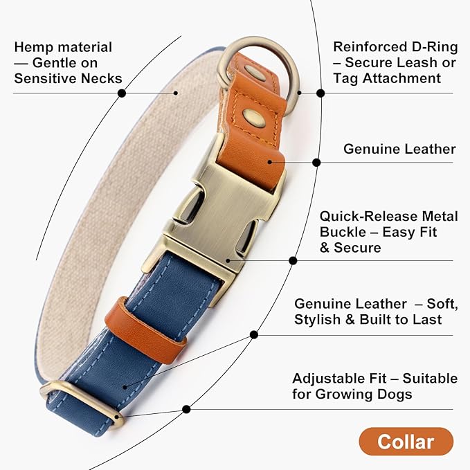 Plutus Pet Genuine Leather & Hemp Dog Collar – Adjustable Heavy Duty Pet Collar with Quick Release Metal Buckle, Soft & Stylish for Puppy and Small, Medium, Large Dogs (Royal Blue, M)