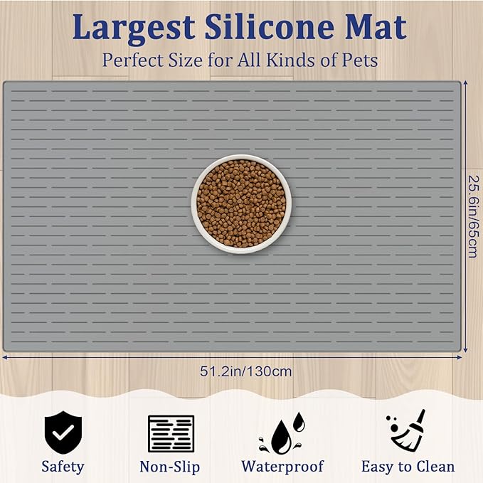 XXXXL Largest Pet Food Mat, 51.2"x25.6"(130cmx65cm) Silicone Dog Mats for Food and Water, Nonslip Pet Feeding Mats for Floors,Dog Cat Bowl Mat with Raised Edges, Beige