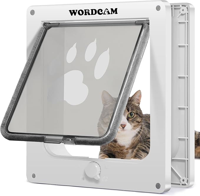 Wordcam X-Large Cat Door, Cat Door for Interior Exterior Doors, 4 Way Locking Pet Door for Cat Up to 25lbs, Cat Flap Privacy Door for Kitten Doggies, Easy Installation, Weatherproof (White, XL)