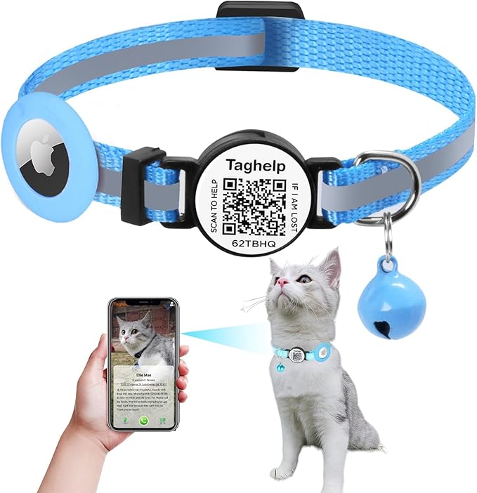 Reflective AirTag Cat Collar, Integrated Cat Collar with Air Tag Holder and Bell, Breakaway with QR Code Name Tag,Safety Elastic Band Cat Collars for Girl Boy Cats, Kittens and Puppies (Blue)