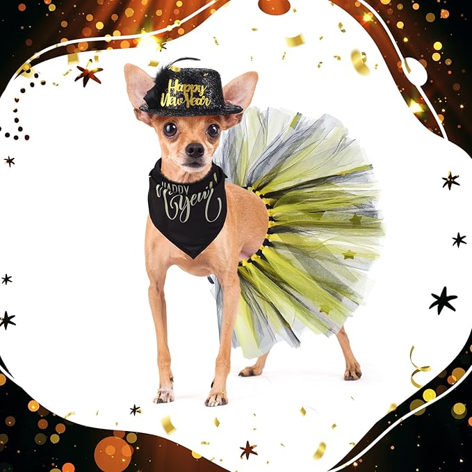 Suhine 3 Pcs Pet Happy New Year Costume Dog New Years Outfit Accessories Includes Puppy Dogs Tutu Dress Pet Hat and Dog Triangle Bandana for Medium Large Pets Costume Supplies