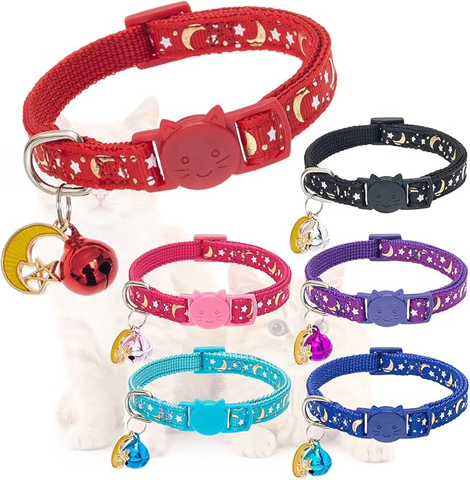 KOOLTAIL Cat Collar Breakaway with Bells - 6 Pack Glow in The Dark - Stars & Moon Charm Pendent Pet Reflective Collars Ideal for Kitten Cats Puppy