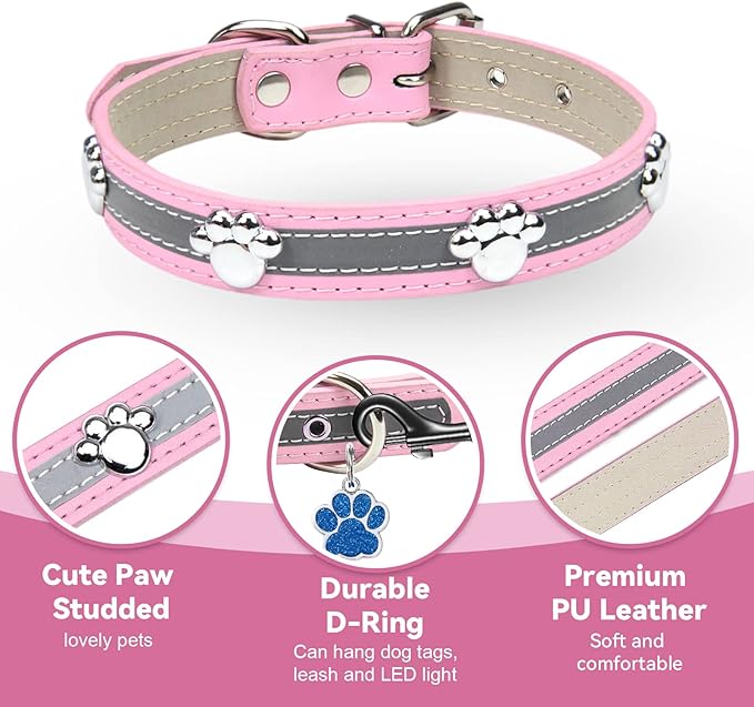 PETCARE Reflective Dog Collar with Cute Paw Rivet Studded Funny Soft PU Leather Adjustable Puppy Dog Collars for Small Medium Large Dogs Cats (Pink,X-Large)