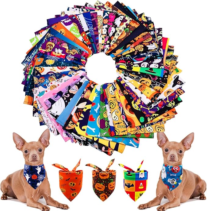 PET SHOW 50 Pack Halloween Small Dog Bandanas Girl Boy Pumpkin Bat Ghost Cat Scarf Adjustable Pet Bibs for Medium Pets Accessories Puppy Outfit Festival Party Supply